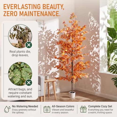 7.7ft Artificial Ficus Tree with String Lights & Woven Basket for Indoor Decor