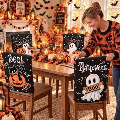 Halloween Chair Back Covers 4-Pack Black Cat Ghost Pumpkin Decor