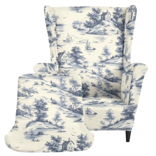 Vintage Sailboat House Wing Back Chair Cover Set with Arms - 2 Pieces