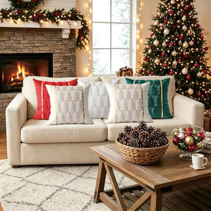 Christmas Tree Throw Pillow Covers 18x18 Inch Set of 2 Beige Faux Fur Holiday Decor