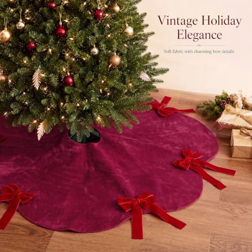 Syhood 30 Inch Burgundy Velvet Christmas Tree Skirt with Scalloped Edge & Bow - Holiday Decor
