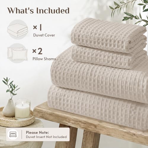 Queen Size Waffle Wave Duvet Cover Set - Beige, 3 Pieces, No Comforter