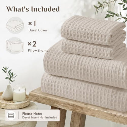 Queen Size Waffle Wave Duvet Cover Set - Beige, 3 Pieces, No Comforter