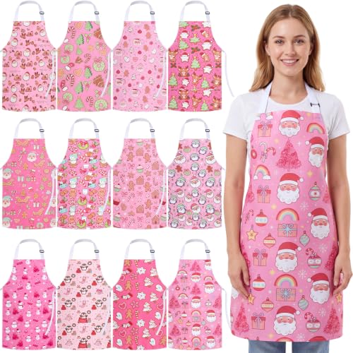 Christmas Apron Bulk Pack for Adults - Cute Pink Style, 12 Pieces