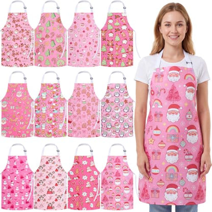 Christmas Apron Bulk Pack for Adults - Cute Pink Style, 12 Pieces