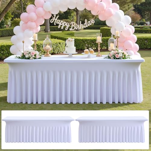 White Spandex Table Cover 8ft Rectangle with Ruffle Skirt 2 Pack - Wrinkle Free Stretch Fitted Tablecloths for Parties Weddings Banquets