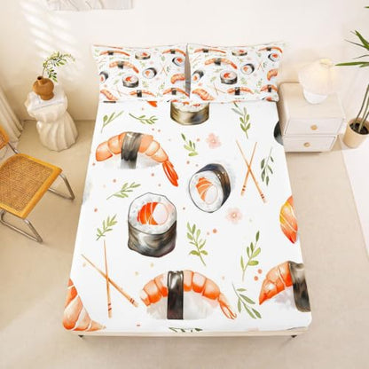 Kids Full Size Sushi Fitted Sheet Set Cartoon Salmon Watercolor Design - 3 Pcs