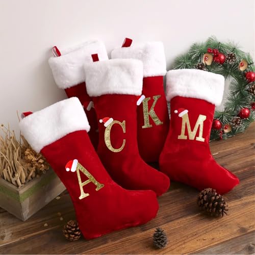 Monogram Christmas Stockings with Letters - 18 Inch White Plush Cuff with Red Velvet - Holiday Gift & Decor - Variation A