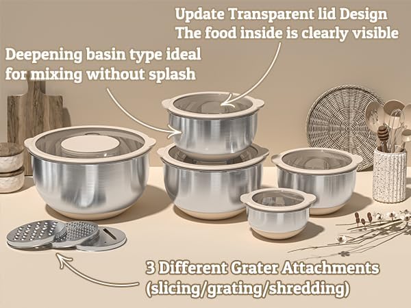 Skiennix Mixing Bowls Set - Airtight Stainless Steel Bowls with Lids & Graters | Khaki 5/3/2/1.5/0.63QT
