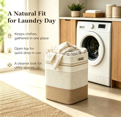 Yellow Variegated 60L Rectangular Cotton Rope Laundry Hamper Foldable Storage Basket