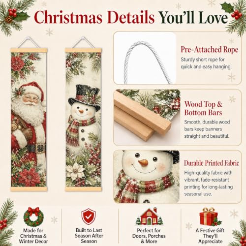 Christmas Porch Banner Set of 2 - Santa Snowman Holiday Door Decor - 31.5x7.8 Inches - Festive Canvas Wall Hangings - Easy Hang Seasonal Decor - Family & Party Gift