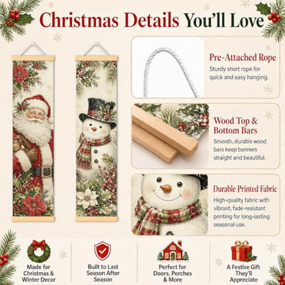 Christmas Porch Banner Set of 2 - Santa Snowman Holiday Door Decor - 31.5x7.8 Inches - Festive Canvas Wall Hangings - Easy Hang Seasonal Decor - Family & Party Gift