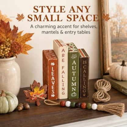 Rustic Maple Leaf Fall Wood Book Stack Table Decorations - Novabright 7 Pcs