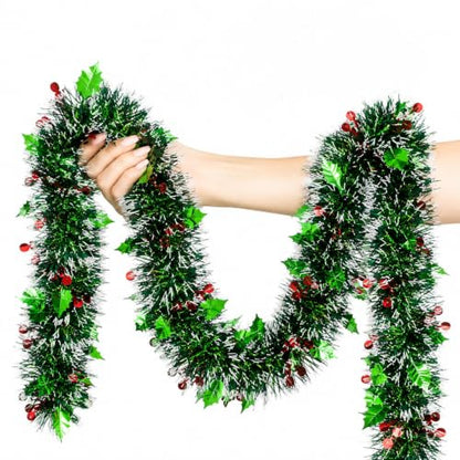 Rainflow 5 Pack Christmas Tinsel Garland - Green & Red Metallic Holiday Decor