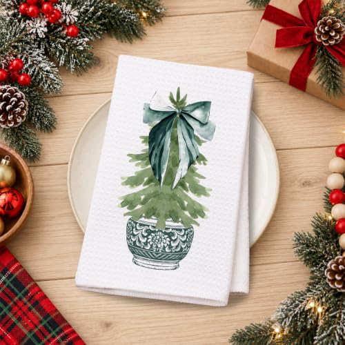 Christmas Green Chinoiserie Kitchen Towels - Dark Green Porcelain Tree Hand Towels, 16x24 Inch, Holiday Decor