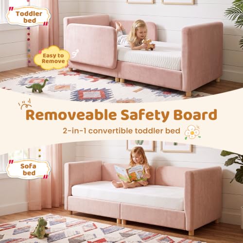 Pink Toddler Floor Bed 2-in-1 Montessori Bed with Removable Rails - Crib Size Sofa Bed
