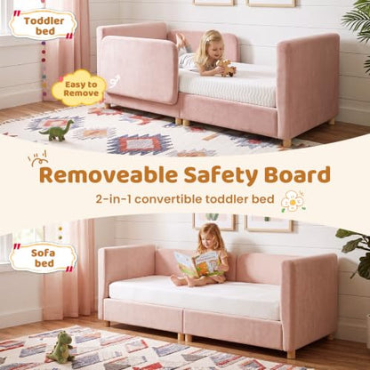 Pink Toddler Floor Bed 2-in-1 Montessori Bed with Removable Rails - Crib Size Sofa Bed
