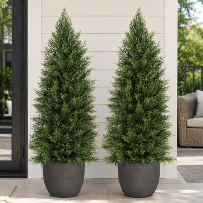 4FT Artificial Topiary Trees - Outdoor UV Resistant Faux Cedar Set with Pot - 2 Pack