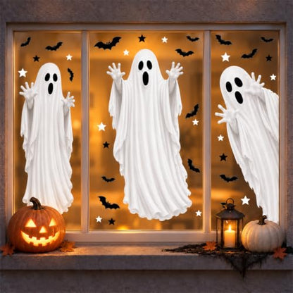 Halloween Ghost Window Clings - Large Mirror Decals with Bats - Holiday Variation