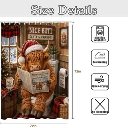 Christmas Highland Cow Theme Waterproof Shower Curtain Set with 12 Hooks - 72x72 In - Brownred