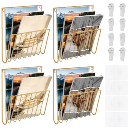 Wall Mounted Magazine Rack Set - Gold Wall Document Organizer, 4 Pieces