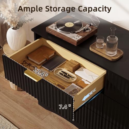 Black Bedroom Dresser with 6 Drawers and Fluted Front - 47.2 Inch