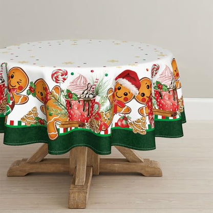 Christmas Tablecloth 70x70 Inch Round Green Gingerbread Man Holiday Decor with White Green Variation