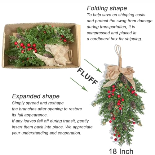 Red 18-Inch Christmas Cedar Swag with Berries Pinecones & Bow - Set of 2