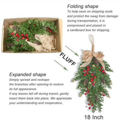 Red 18-Inch Christmas Cedar Swag with Berries Pinecones & Bow - Set of 2