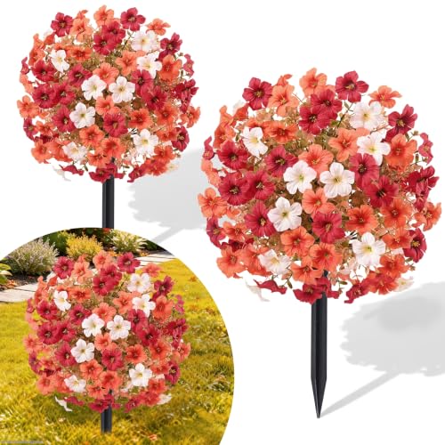 Artificial Mums Topiary Ball Flowers with Ground Spikes for Outdoor Decor - 2 Pack