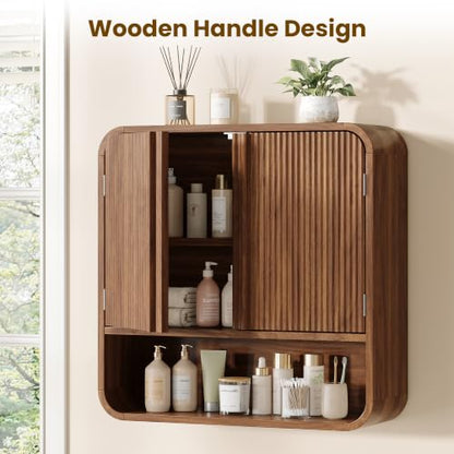 Vabches Walnut Fluted Bathroom Wall Cabinet, 23.6 Inch Tall Storage