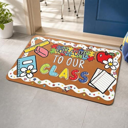 Classroom Welcome Mat with Flower Design - Non Slip Entry Rug for School