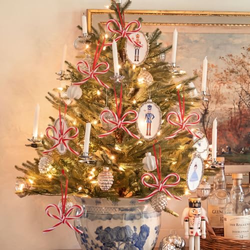 Candy Bow Ornaments for Christmas Tree Decorations - 24 Pieces, Candy Cane Style