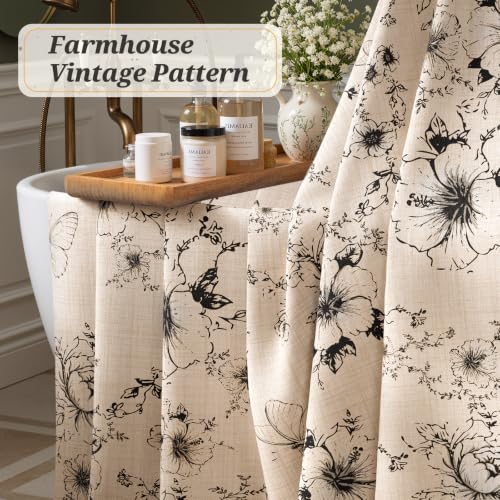 Vintage Black Floral Shower Curtain 72x72 Inches with 12 Clear Hooks - Boho Farmhouse Style