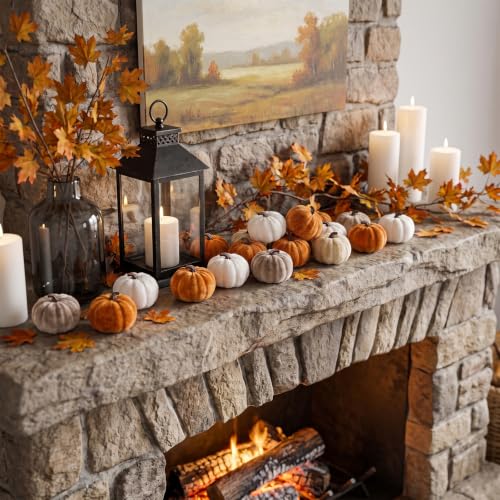 24 Pcs Rustic Fall Velvet Pumpkins Artificial Harvest Decor - Orange, Champagne, White & Khaki