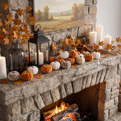24 Pcs Rustic Fall Velvet Pumpkins Artificial Harvest Decor - Orange, Champagne, White & Khaki