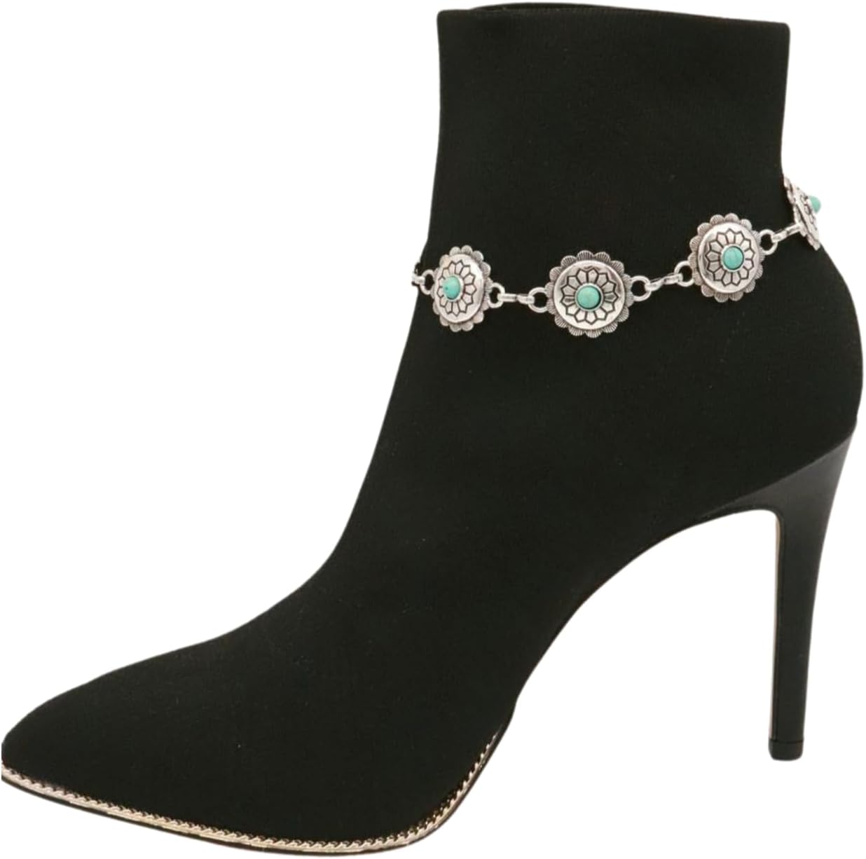 TrendyFashionJewelry Women's Western Boot Bracelet - Silver Chain Anklet with Turquoise Beads & Flower Charms