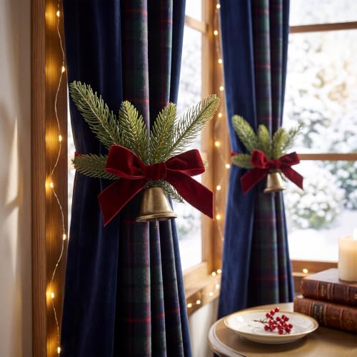 Christmas Velvet Curtain Tiebacks with Jingle Bell & Faux Pine - 2 Pack