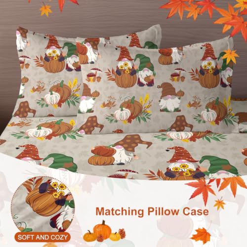 Brown Tan Queen Thanksgiving Duvet Cover Set with Gnome Pumpkin Fall Design