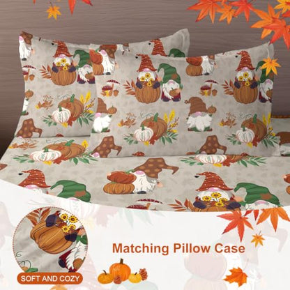 Brown Tan Queen Thanksgiving Duvet Cover Set with Gnome Pumpkin Fall Design