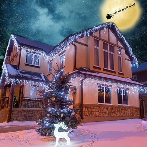 White Christmas Icicle String Lights 32Ft with 8 Modes & Timer - Waterproof Outdoor Decor
