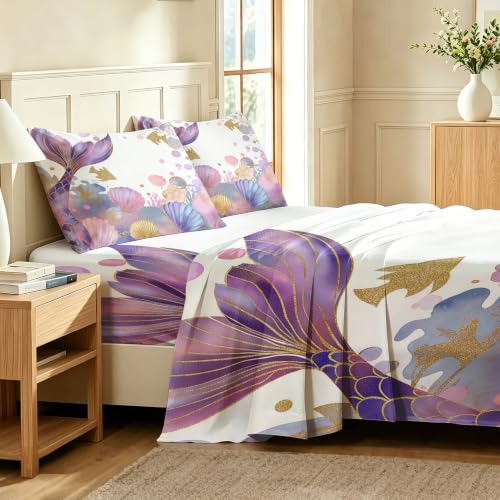 White Gold Mermaid Queen Bedding Set - 4 Piece Underwater Girl Sheet Set