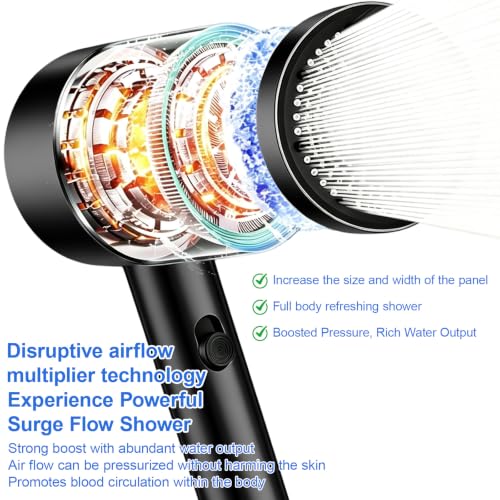Black High Pressure Handheld Shower Head with Holder - 2 Spray Modes, No-Drill Adjustable Bracket