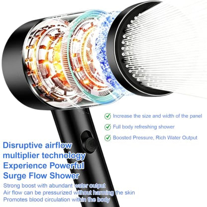 Black High Pressure Handheld Shower Head with Holder - 2 Spray Modes, No-Drill Adjustable Bracket
