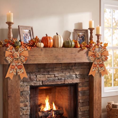 Fall Wreath Bow Set - Style C Pumpkin & Plaid Autumn Decor, 2 Pack