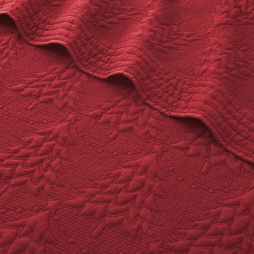 Reversible Christmas Tree Bedspread Set - King Size Red Quilted Bedding with Shams - Holiday Decor