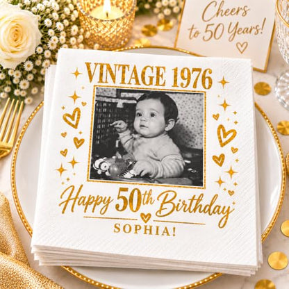 Personalized 50th Birthday Napkins - Custom Photo Cocktail Party Supplies - Birthday Napkin 5