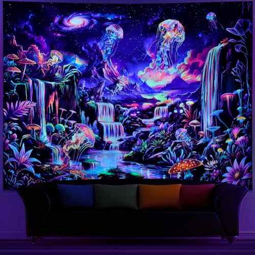 UV Reactive Galaxy Space Tapestry - Blacklight Neon Waterfall Wall Hanging with Variation Galaxy Space 59.1L x 51.2W inches