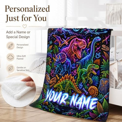 Personalized Dinosaur Blanket for Kids - Black Custom Boy Throw