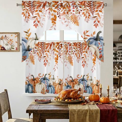 Fall Pumpkin Swag Curtain Set with Valance and Eucalyptus Leaves - 3 Pieces, 27.5W x 24L, Orange Blue White Terracotta Variation of THIS listing